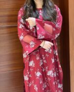 2pcs flower printed suit Stitched Suit Stone Winter linen Suit WINTER COLLECTION  (maroon) - Image 2