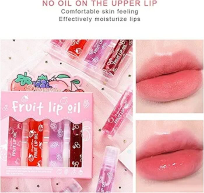 Pack of 4 - Fruit Lip Oil Non-Sticky Set In Peach, Grape, Strawberry, Cherry Flavor - Image 3