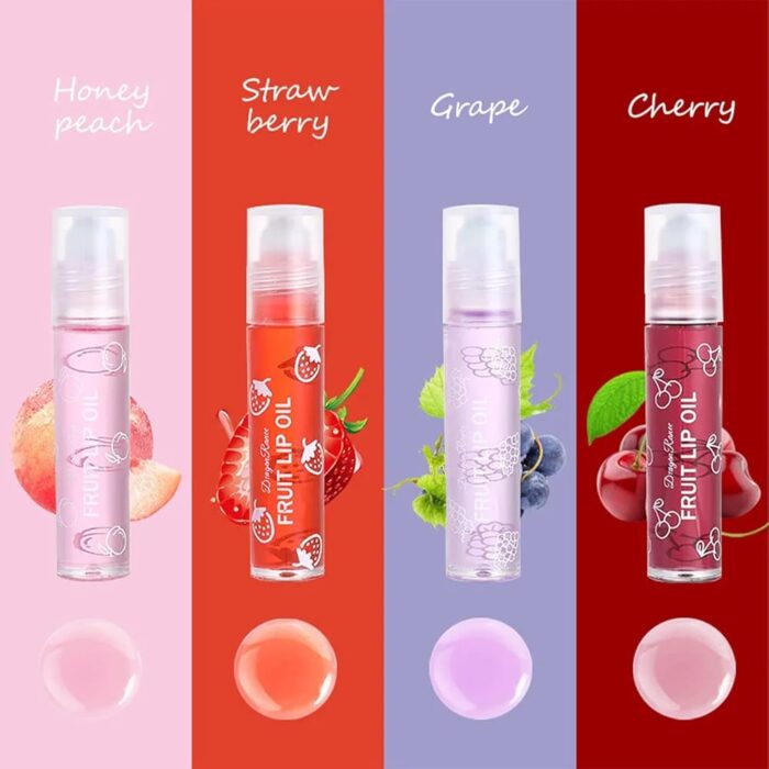 Pack of 4 - Fruit Lip Oil Non-Sticky Set In Peach, Grape, Strawberry, Cherry Flavor - Image 5