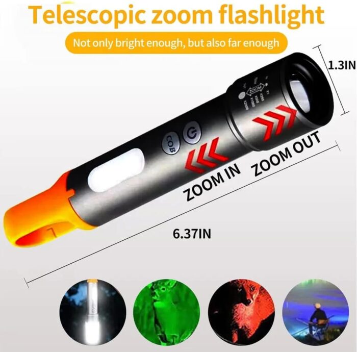 Rechargeable Tactical Flashlight High Lumens, Brightest Flashlights for Emergencies Camping COB Sidelight, Zoomable Multicolor Lenses Flashlight Hiking Hunting - Image 3