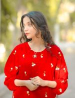 2 Pcs Petal Embroidery Stitched  suit Party Wear For Women (red) Medium - Image 7