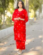 2 Pcs Petal Embroidery Stitched  suit Party Wear For Women (red) Medium - Image 8