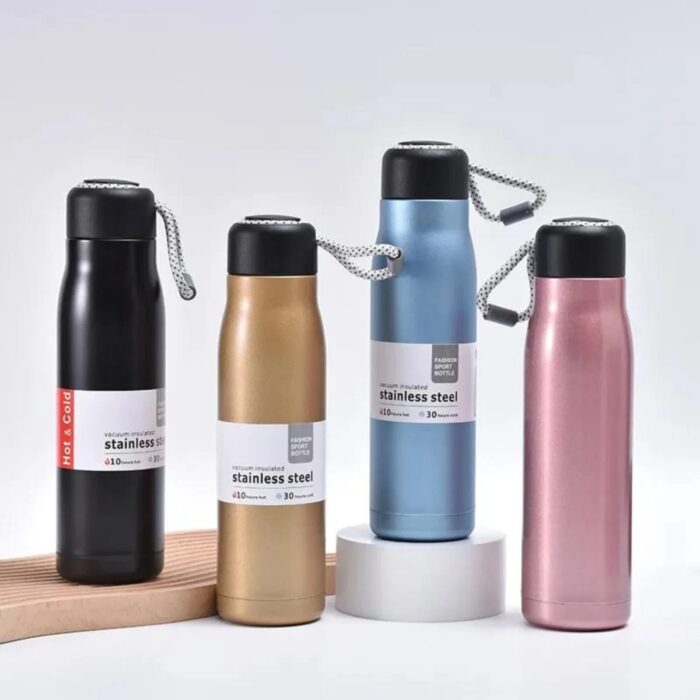 Stainless Steel Insulated Vacuum Water Bottle 550ml, Cola Shape, Leak Proof, with Strong Rope Cap | Hot & Cold Portable Thermos Water Bottle Thermo Mug Stainless Steel Vacuum Flask Mug Insulation Cup (Random Color) - Image 1
