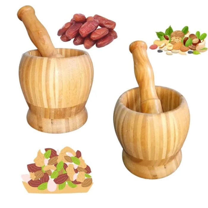 01 Set Wooden Pestle and Mortar For Crushing | Woden chattu watta for Grinding Nuts Dates and other Ingredients  - Image 1
