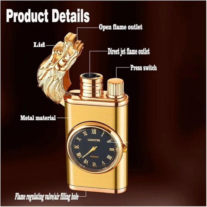 Refillable Dragon Design Fancy Watch Lighter | Best Quality Watch Lighter | Dual Flame Lighter | Lighter With Metal Body ( Random Color ) ( Without Box ) - Image 5