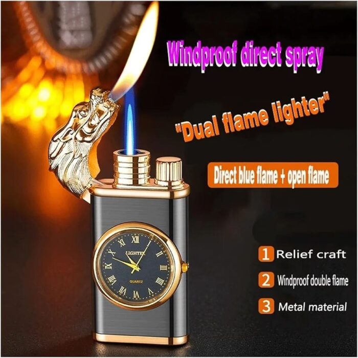 Refillable Dragon Design Fancy Watch Lighter | Best Quality Watch Lighter | Dual Flame Lighter | Lighter With Metal Body ( Random Color ) ( Without Box ) - Image 6