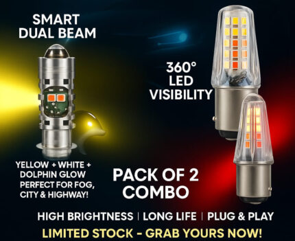Pack of 2 – Headlight and Backlight Bulb | Yellow/White Beam + Red/Blue Flasher | Universal for All Bikes