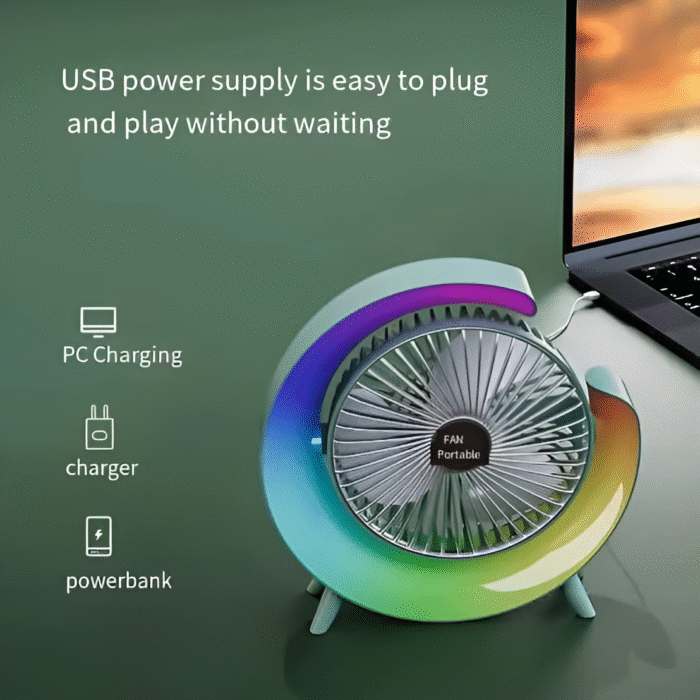 Portable Mini G Light Rechargeable Desk Fan with LED Colorful Light | Table Fan | USB Charging Fan | 4-Hours Battery Backup | 3 Fan Speed | Perfect for Home Office & Travel (random color) - Image 6