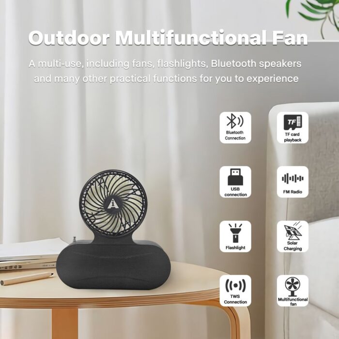 Solar fan Bluetooth speaker | Wireless outdoor portable With  blowing flashlight | Listening to music Support TF card U disk FM radio TWS interconnection - Image 3