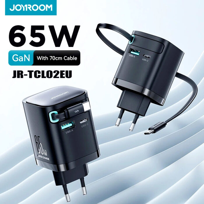 Joyroom JR-TCL02EU 65W GaN Charger with Retractable USB-C Cable, Dual-Port USB-A & USB-C, PD 3.0 Fast Charging, Compatible with Laptops & Smartphones - Image 1