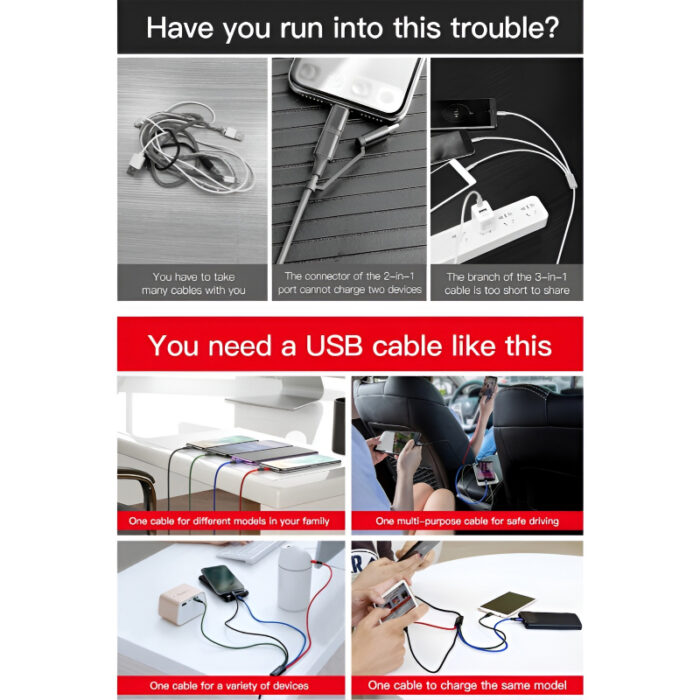 Baseus 4 in 1 Dual iPhone + Type C + Micro USB High Quality Nylon Braided Universal Multi Charging Cable - Image 11