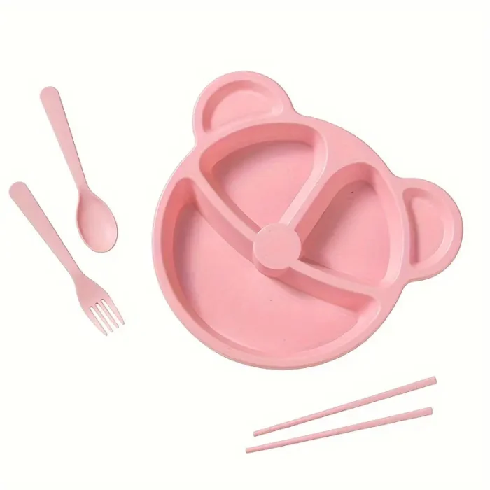 5 Pcs Bear Plate Set - Cartoon compartment dinner plate | Includes Divided Plate, Fork & Spoon, Perfect For Toddlers & Preschoolers (Random color) - Image 11