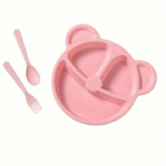 5 Pcs Bear Plate Set - Cartoon compartment dinner plate | Includes Divided Plate, Fork & Spoon, Perfect For Toddlers & Preschoolers (Random color) - Image 2