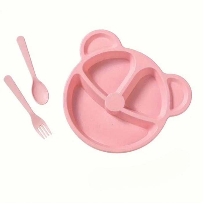 5 Pcs Bear Plate Set - Cartoon compartment dinner plate | Includes Divided Plate, Fork & Spoon, Perfect For Toddlers & Preschoolers (Random color) - Image 2