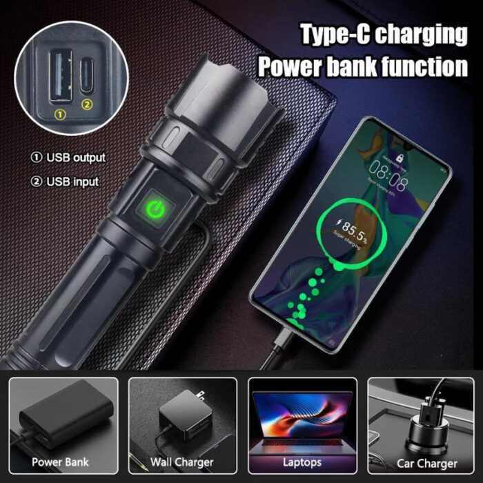 Multi-Functional 1KM Long Range Led Emergency Flashlight With Type-C Charging Powerbank Function - Image 8