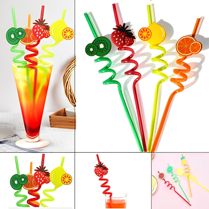 Pack Of 4 PCs Re-Usable Plastic Fruits Acrylic Drinking Straws - Image 1