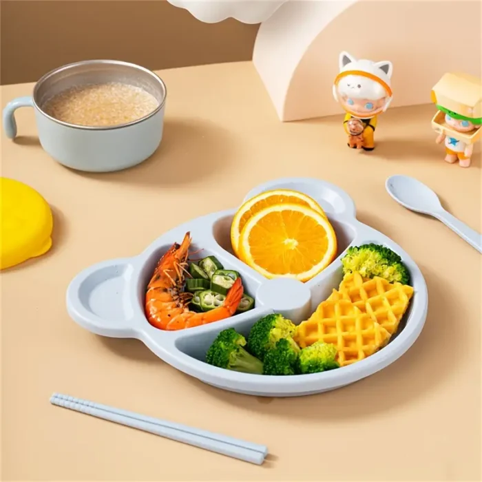 5 Pcs Bear Plate Set - Cartoon compartment dinner plate | Includes Divided Plate, Fork & Spoon, Perfect For Toddlers & Preschoolers (Random color) - Image 6