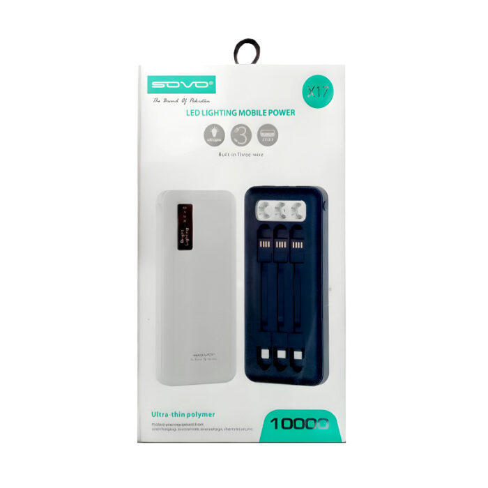 Sovo X17 10000mAh Capacity Power Bank With Built-In 3 Cables And LED Flashlight - Image 6