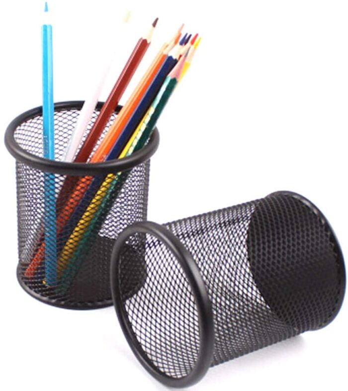 2Pc Black Metal Stand Mesh Style Pen Pencil Ruler Holder Desk Organizer Storage - Image 1