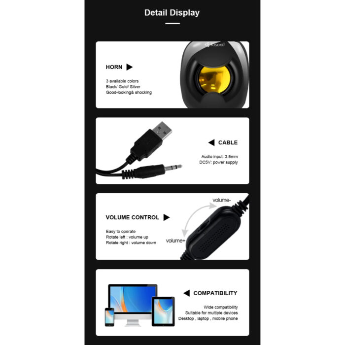 Kisonli A-202 Compact Stereo USB 2.0 PC Speakers with Deep Bass and AUX Input - Image 9