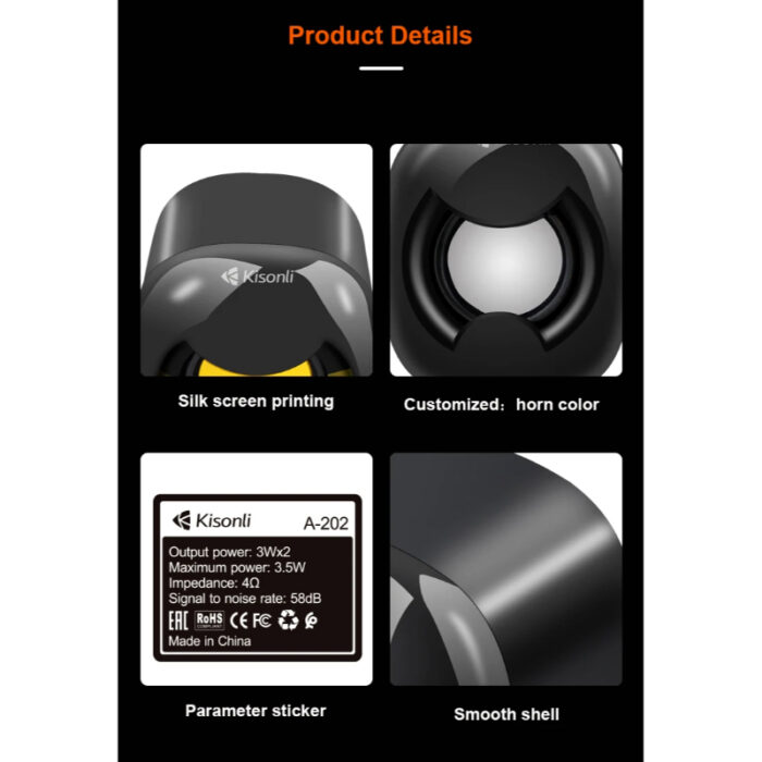 Kisonli A-202 Compact Stereo USB 2.0 PC Speakers with Deep Bass and AUX Input - Image 10