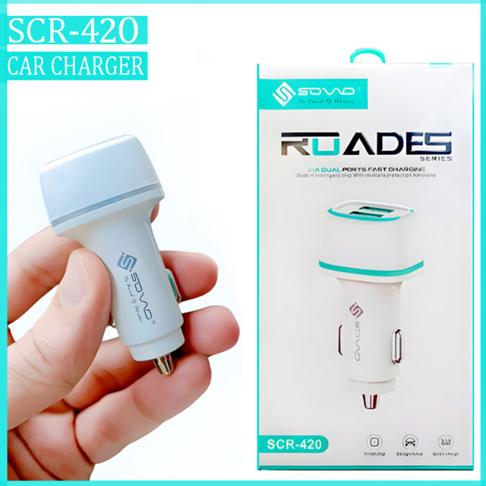 SOVO SCR-420 ROADES 3.1A Dual Ports Fast Car Charger with Android, Type-C, & Lightning Cable - Image 1