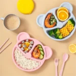 5 Pcs Bear Plate Set - Cartoon compartment dinner plate | Includes Divided Plate, Fork & Spoon, Perfect For Toddlers & Preschoolers (Random color) - Image 8