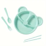 5 Pcs Bear Plate Set - Cartoon compartment dinner plate | Includes Divided Plate, Fork & Spoon, Perfect For Toddlers & Preschoolers (Random color) - Image 12