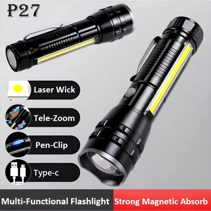 P27 LED COB Multi-Functional Tactical Metal Flashlight With Telescopic Zoom And USB Charging - Image 1