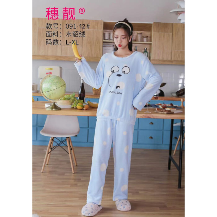 2 Pcs/Set Tops + Warm Pant Extra Soft Fleece Polyester Women Pajama Sets Cartoon Flannel Sleepwear - Image 3