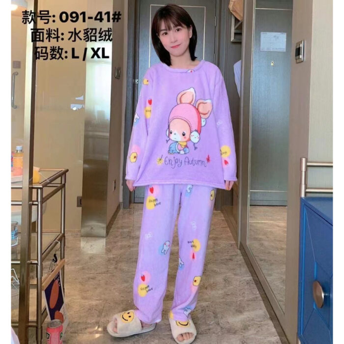 2 Pcs/Set Tops + Warm Pant Extra Soft Fleece Polyester Women Pajama Sets Cartoon Flannel Sleepwear - Image 5