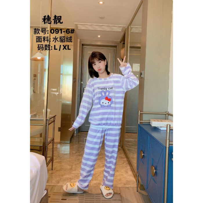 2 Pcs/Set Tops + Warm Pant Extra Soft Fleece Polyester Women Pajama Sets Cartoon Flannel Sleepwear - Image 7