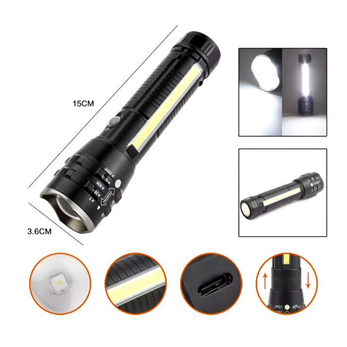 P27 LED COB Multi-Functional Tactical Metal Flashlight With Telescopic Zoom And USB Charging - Image 5