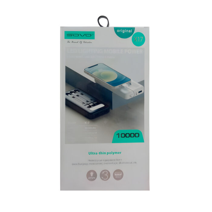 Sovo X17 10000mAh Capacity Power Bank With Built-In 3 Cables And LED Flashlight - Image 5