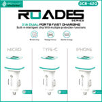 SOVO SCR-420 ROADES 3.1A Dual Ports Fast Car Charger with Android, Type-C, & Lightning Cable - Image 2