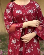 2pcs flower printed suit Stitched Suit Stone Winter linen Suit WINTER COLLECTION  (maroon) - Image 4