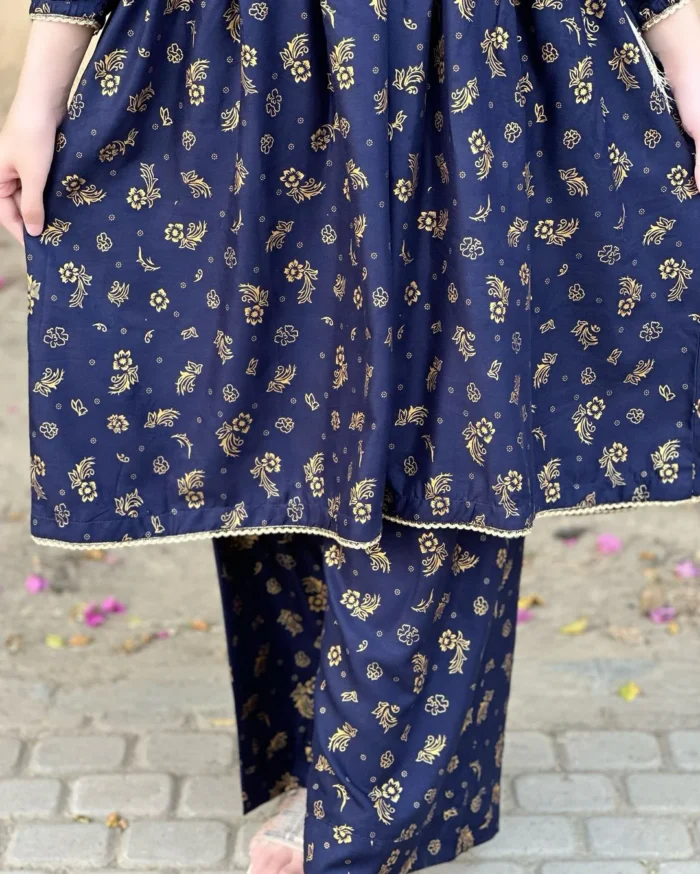 small flower printed suit pcs Stitched Suit Stone Winter linen Suit WINTER COLLECTION (blue) - Image 5