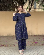 small flower printed suit pcs Stitched Suit Stone Winter linen Suit WINTER COLLECTION (blue) - Image 6