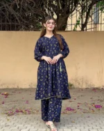 small flower printed suit pcs Stitched Suit Stone Winter linen Suit WINTER COLLECTION (blue) - Image 3