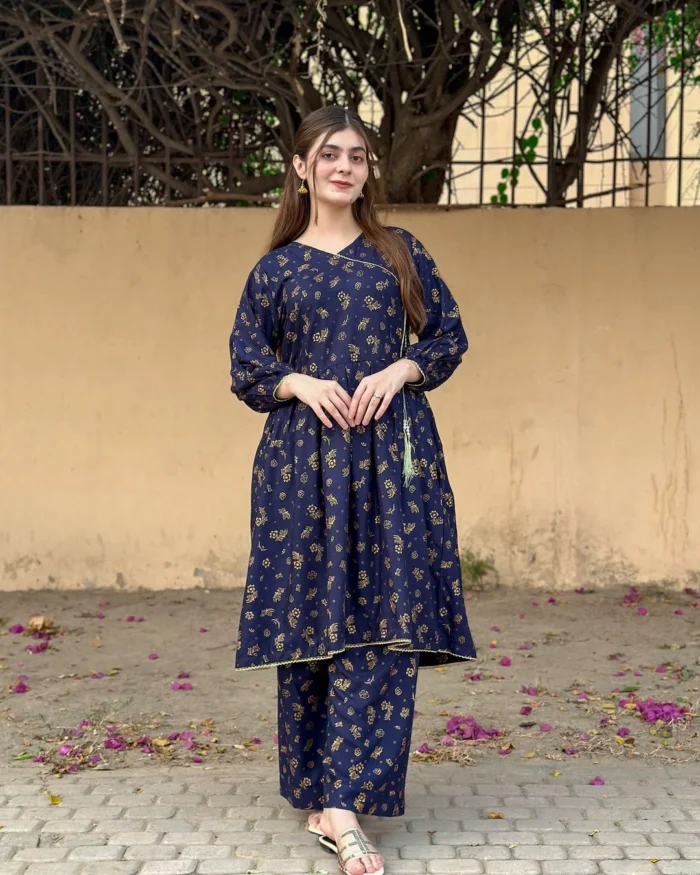 small flower printed suit pcs Stitched Suit Stone Winter linen Suit WINTER COLLECTION (blue) - Image 3