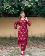 2pcs flower printed suit Stitched Suit Stone Winter linen Suit WINTER COLLECTION  (maroon) - Image 6