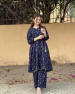 small flower printed suit pcs Stitched Suit Stone Winter linen Suit WINTER COLLECTION (blue) - Image 4