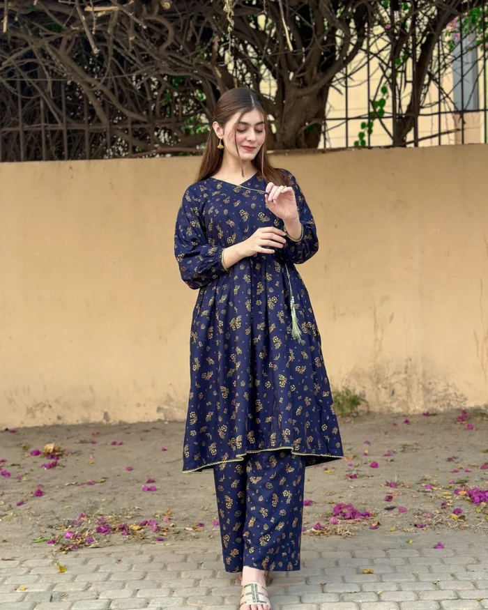 small flower printed suit pcs Stitched Suit Stone Winter linen Suit WINTER COLLECTION (blue) - Image 4