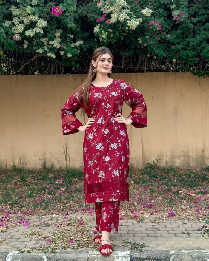 2pcs flower printed suit Stitched Suit Stone Winter linen Suit WINTER COLLECTION  (maroon) - Image 1