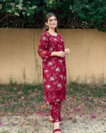 2pcs flower printed suit Stitched Suit Stone Winter linen Suit WINTER COLLECTION  (maroon) - Image 7