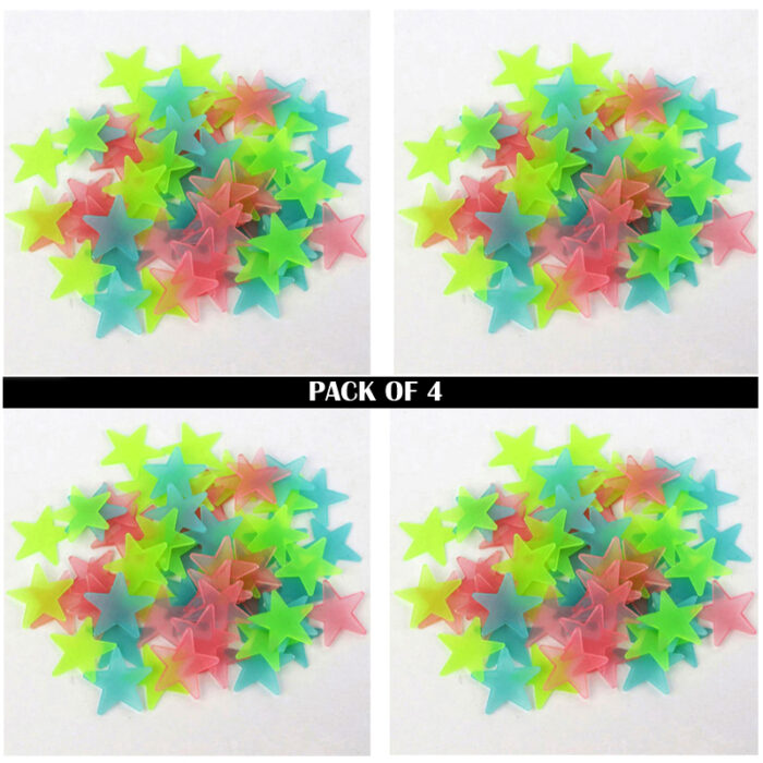 Pack Of 4 x 100 Pcs Glow In The Dark Stars Wall Stickers - Image 1