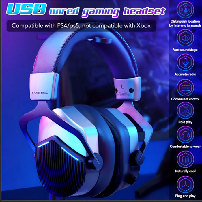 GH601 Machenike 7.1 Surround Sound RGB Gaming Wired USB Headset with Noise-Canceling Microphone, 50mm Drivers, Mute Option, and Software Support - Image 3