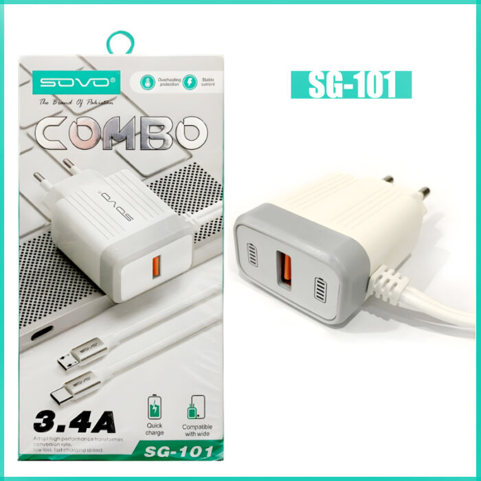 SOVO Combo SG-101 3.4A Quick Charger With Dual Attached Cables - Image 1